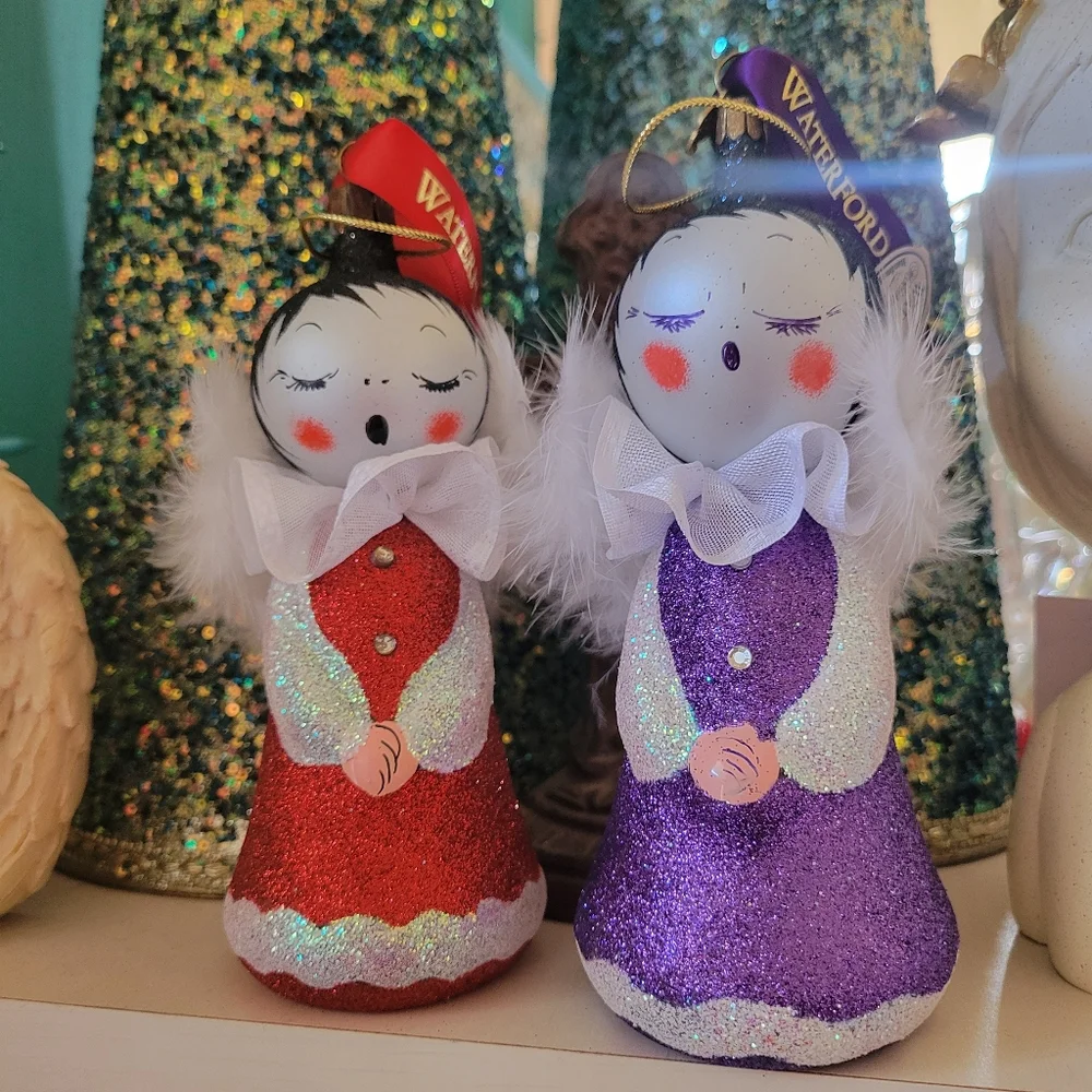 Waterford Sugar Plum Angel Duo Red & Purple Ornaments ~ Czech ~ Retired